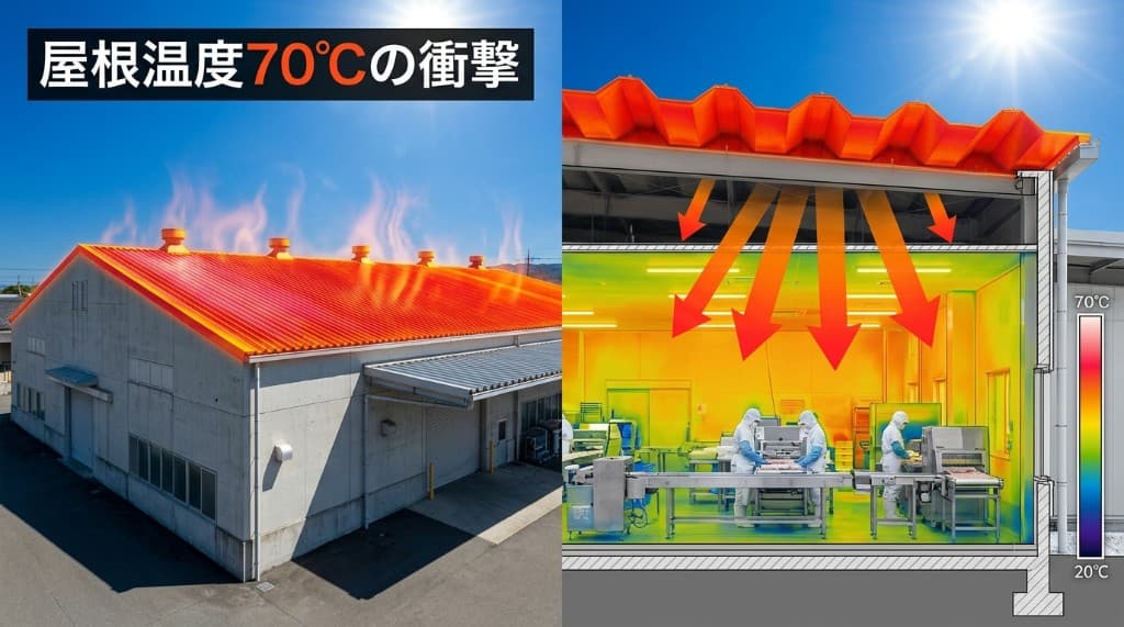 屋根温度70℃の外観と、断面での熱の輻射・室内温度分布を示す図解